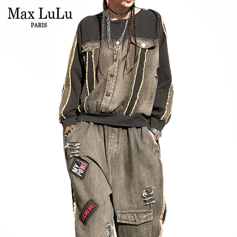 Max LuLu Britų Naujojo Dizainerio Pavasario Outifts Moterų Džinsinio Audinio Atspausdintas Iš Dviejų Dalių Rinkiniai Ponios Gotikos Kratinys Viršūnes Ir Elastiniai Džinsai
