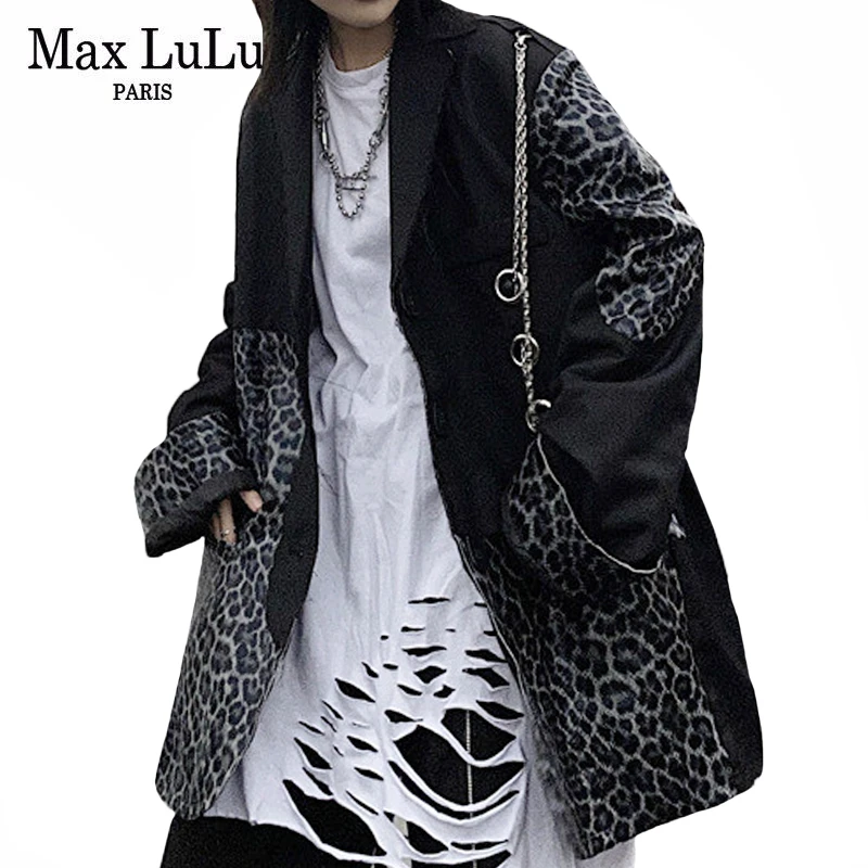 Max LuLu Europos Mados Žiemos Moteriškų Punk Kailis Ponios Juodas Leopardas Tranšėjos Moterų Derliaus Šiltas Spausdintinių Grandinių Švarkelis