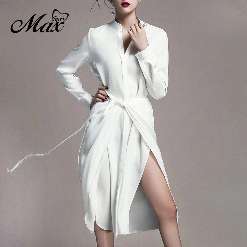 Max Spri Moterų Stovėti Kaklo Long Sleeve Lace-Up Sexy Liesas Padalinta Prarasti Midi Wrap Dress 2019 Naujas Mados Office Lady Suknelės Balta