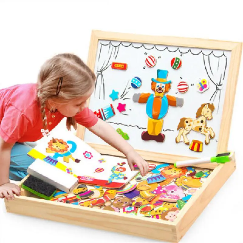 Mediniai Montessori Ugdymo Magnetinės Dėlionės Žaidimas, Žaislų, Dovanų 100vnt Vaikų Magnetiniai Gyvūnų Galvosūkiai Cirko Piešimo Užimtas Valdyba