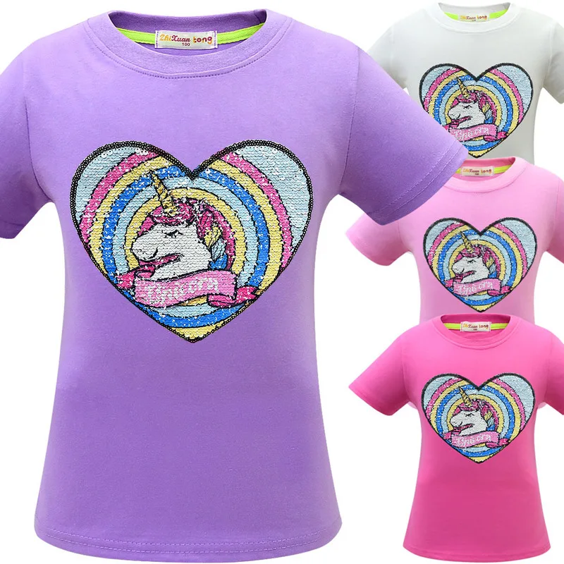 Merginos Magija Blizgučiai Atvirkštinio China Viršuje Vienaragis Laimingas Dieną Susiduria T marškinėliai Vasarą Vaikai Mergina Blizgučiais T-shirt Stalviršiai, Vaikų Drabužiai