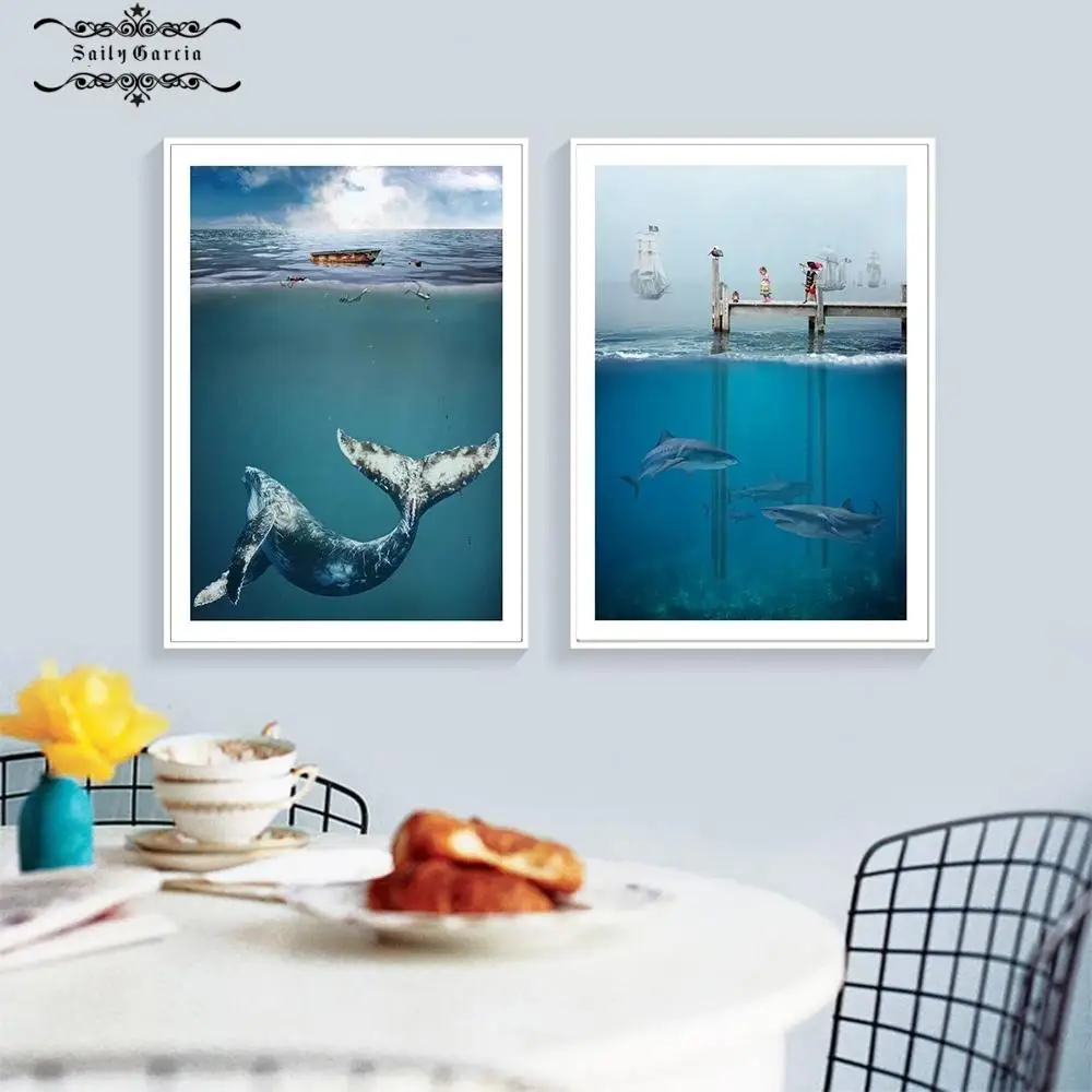 Moderni Povandeninio Pasaulio Banginis Ryklys, Plakatų ir grafikos Marina Sienos Meno Tapybos Drobės Nuotraukų Kambarį Namų Dekoro