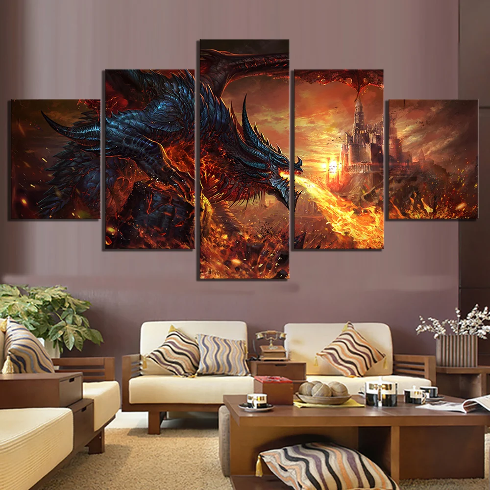 Modulinė Nuotraukas Drobė Sienos Menas 5 Skydelis Gaisro Dragon World Of Warcraft Žaidimas Tapyba Spausdinti Plakato Kambarį Namo Apdaila