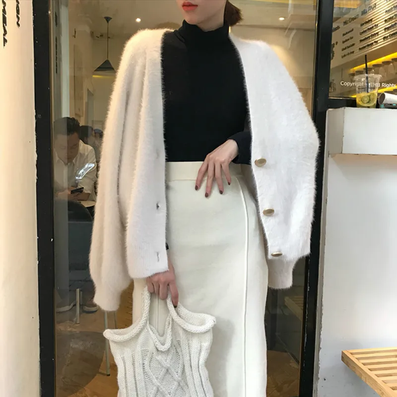 Moteris Rudens-Žiemos Mink aksomo baltas Megztinis kailis ilgas rankovėmis jaukus Megzti Megztinis šiltas viršutiniai drabužiai laisvi