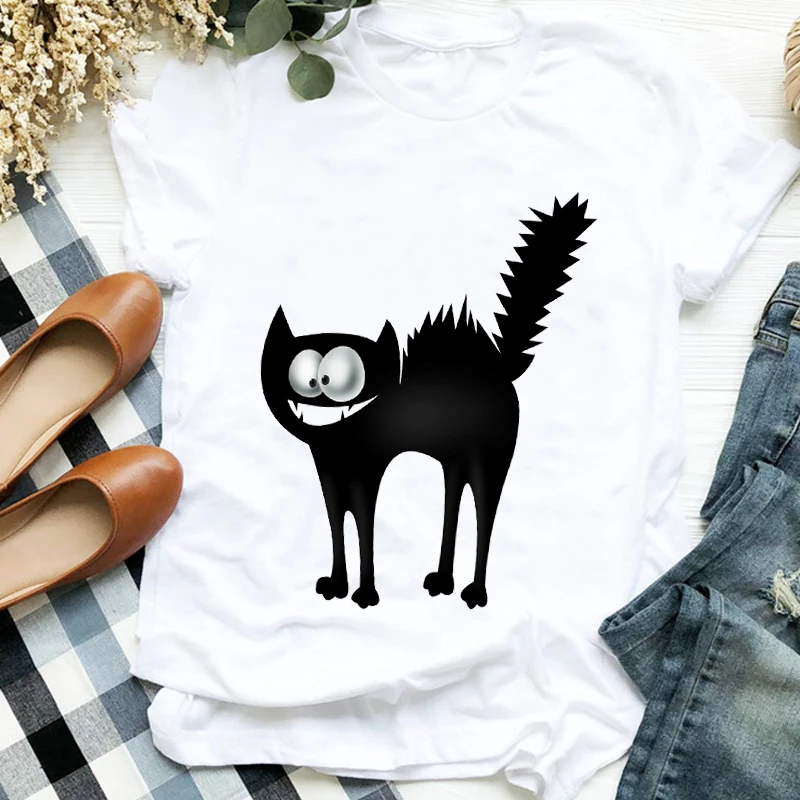 Moterų Lady Cat Animacinių filmų Vasaros Rudens Kawaii Gyvūnų Spausdinti Marškinėliai T Tee už Moteriškų Drabužių Marškinėlius Moterų Top Grafinis T-shirt