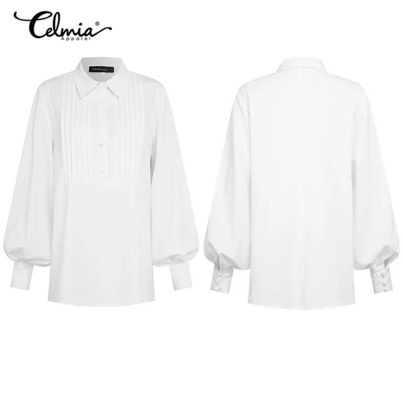Moterų Marškinėliai Viršuje Baltos Palaidinės 2021 Celmia Rudenį Elegantiškas Ilgas Žibintų Rankovės Atsitiktinis Marškinėliai Kieto Atvartas, Plisuotos Office Blusas 5XL