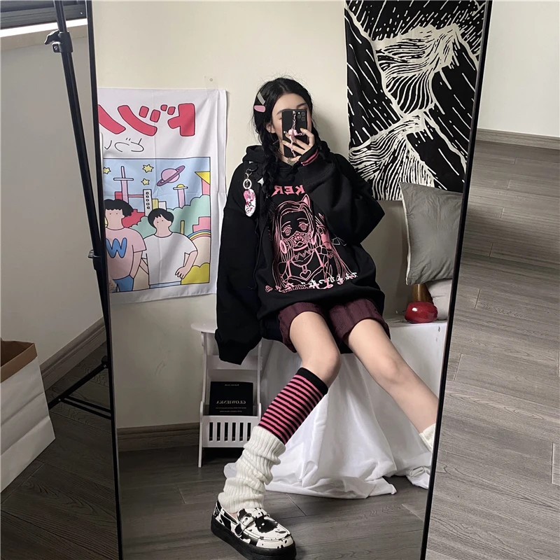 Moterų Palaidinukė Hoodie Anime Spausdinti Harajuku Viršuje Streetwear Derliaus Dropshipping Punk Megztinis Ilgomis Rankovėmis Juoda Gotikos Drabužių