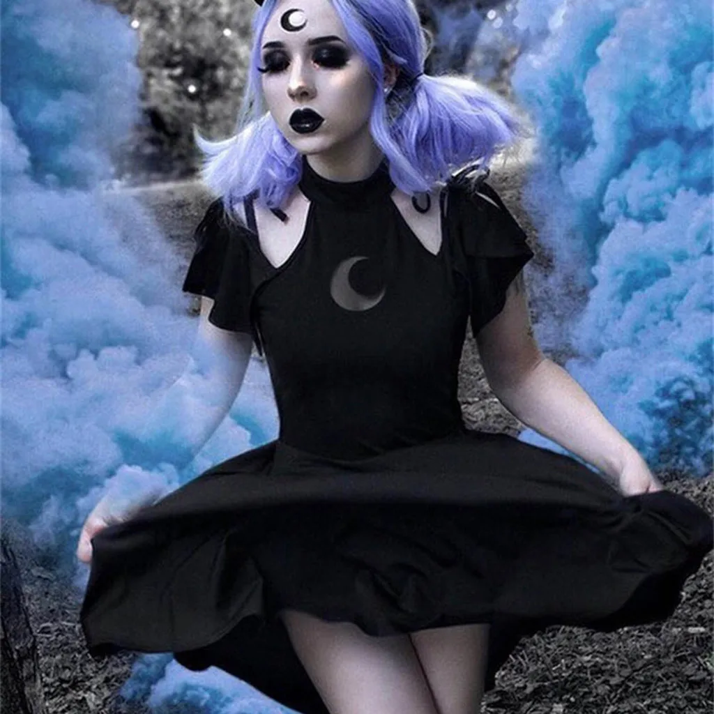Moterų Vasaros Mados Gotikos Stilius, Punk Juoda Retro Off Peties Mėnulis Tuščiaviduris Iš Suknelė, Mini suknelė