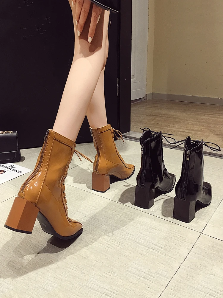 Moterų batai batai rudenį 2020 naujas storas kulnas nėrinių užtrauktukas viduryje, vamzdelis, batai motociklo batai