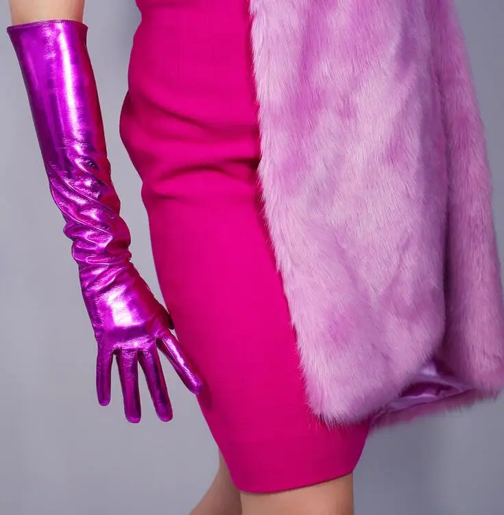 Moterų blizgios purpurinės spalvos dirbtiniais pu odos ilgas pirštines moterų sexy klubo šalis suknelė mados ilgos pirštinės 40cm R1574