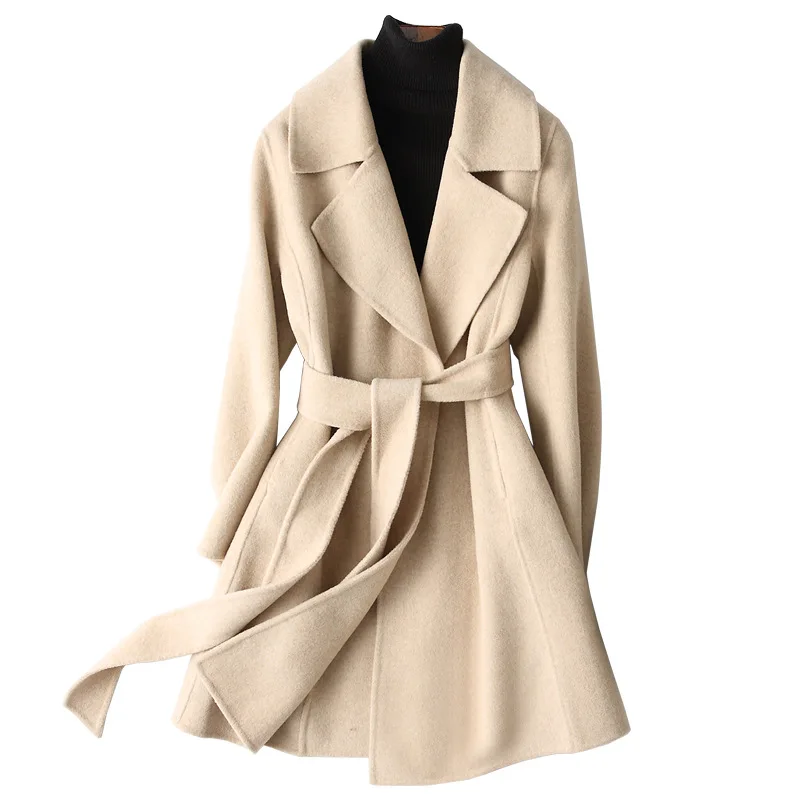 Moterų žiemos paltai vilnos 2020 Naujas dvipusis kašmyro paltai moterims, vidutinio ilgio aukštos klasės vilnonis paltas