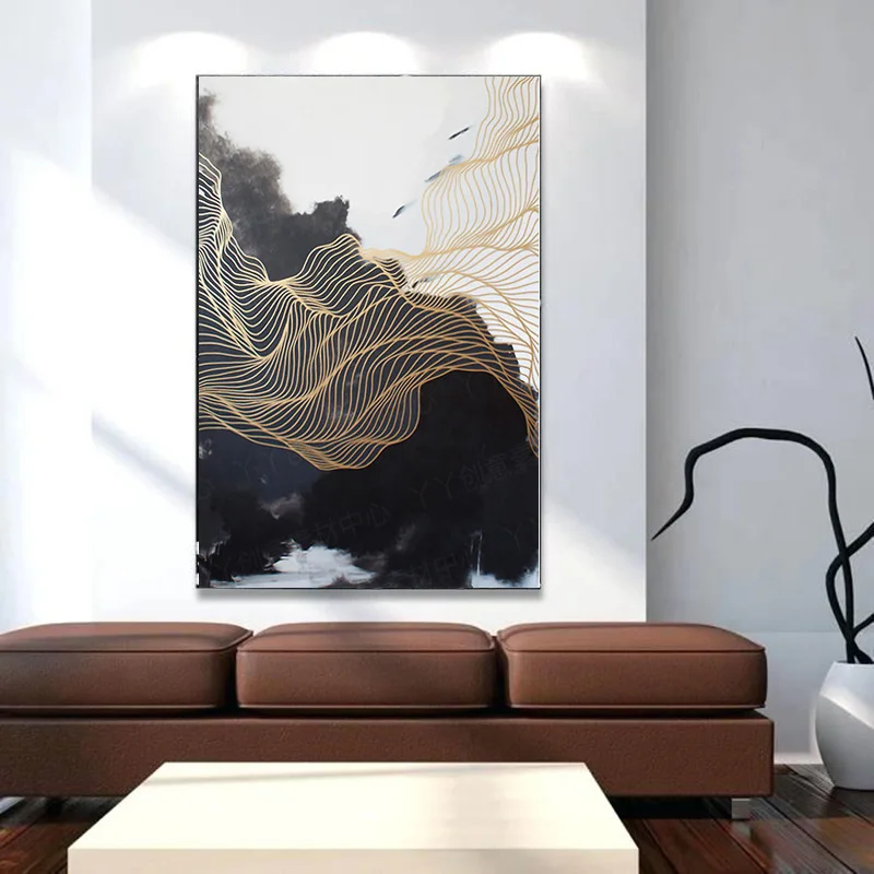 NESAVANAUDIŠKAI Meno Naujas Kinų stiliaus juoda ir balta drobė, tapyba gold line apdailos dažymo Už Kambarį,koridorių Sienos Menas