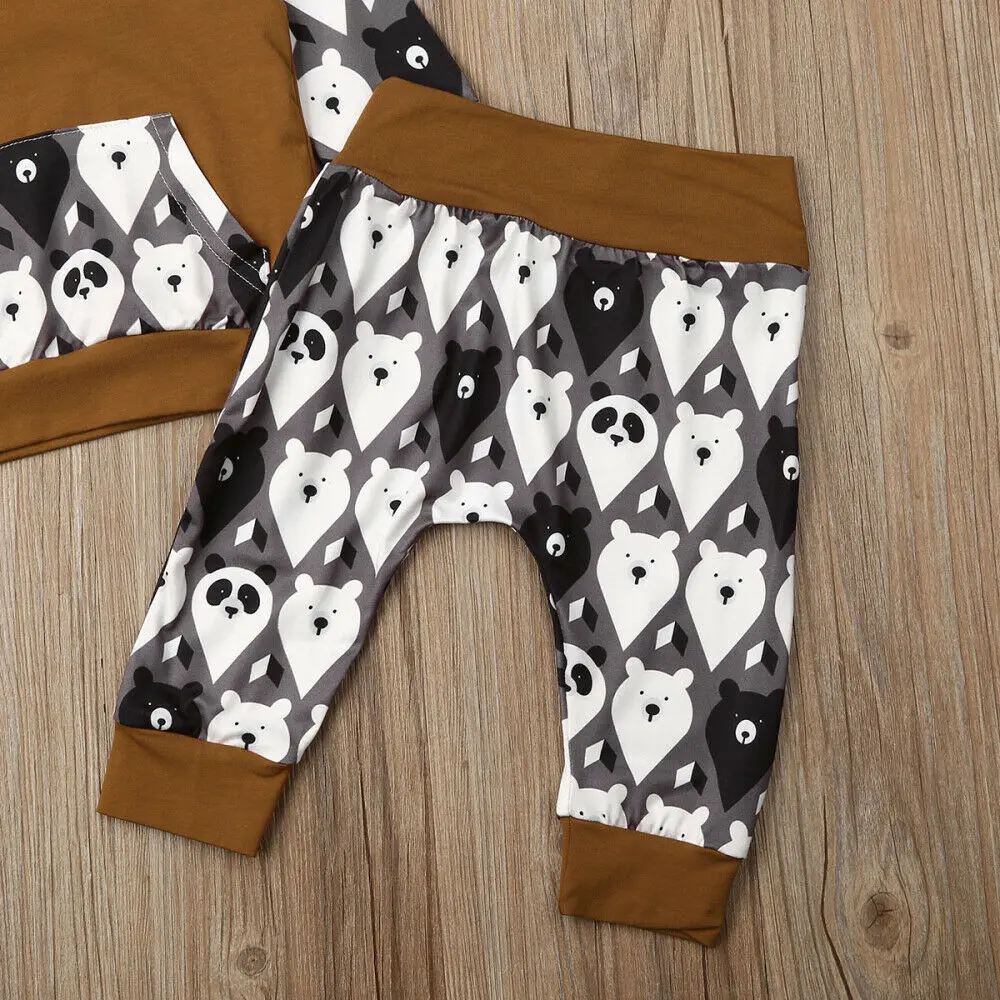 Naujagimio bamblys berniuko drabužių 2vnt ilgomis rankovėmis hoodie viršuje + kelnės mielas animacinių filmų lokys spausdinti berniukas kostiumas