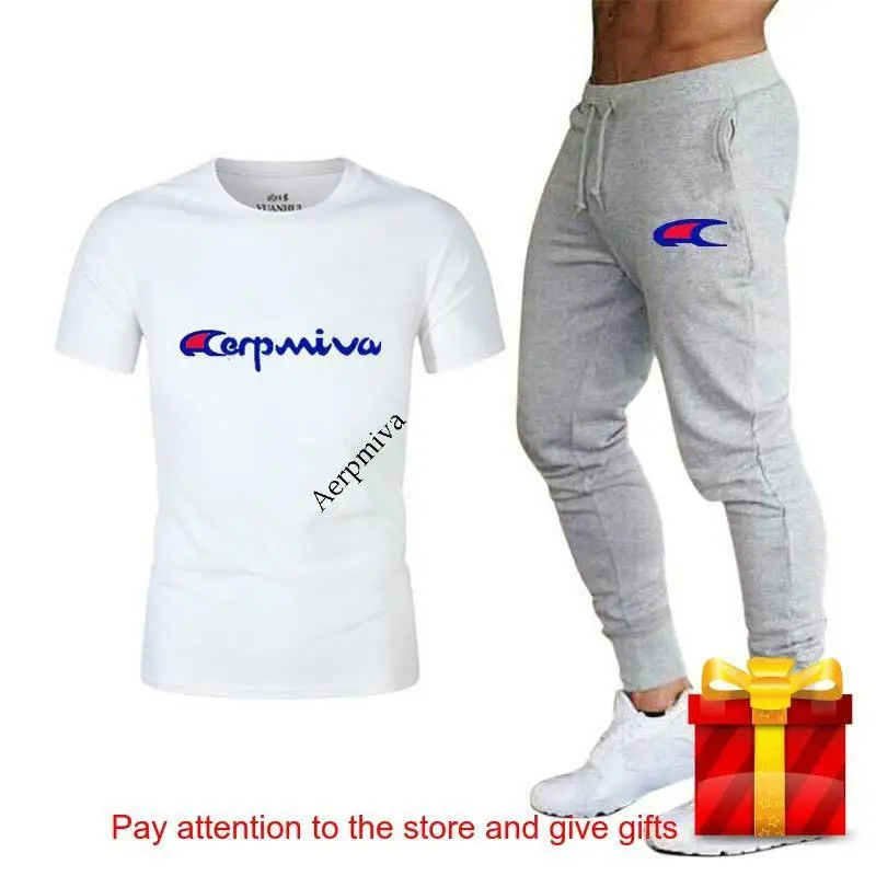 Nauji vyriški marškinėliai + kelnės-dviejų dalių kostiumėlį atsitiktinis sportinės aprangos prekės ženklo vyrų atspausdintas T-shirt tiktų marškinėliai kelnės