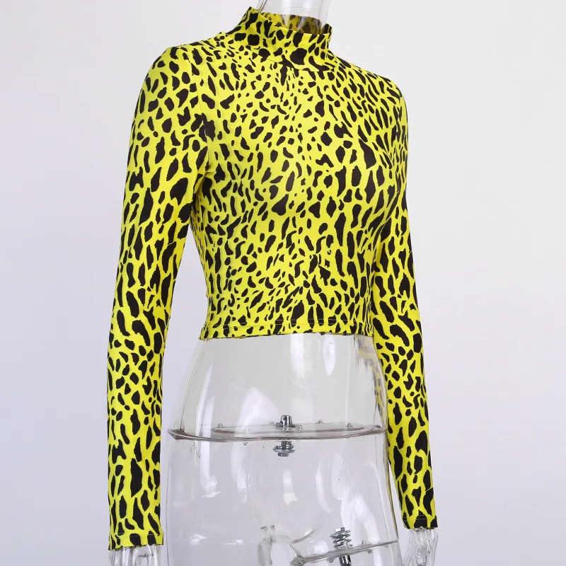 OMSJ Aukšto Kaklo Geltonas Leopard Pasėlių Akių Vien Top Moterų Liesas Stora ilgomis Rankovėmis Tampri Mados Streetwear Marškinėliai 2019 M. Rudenį