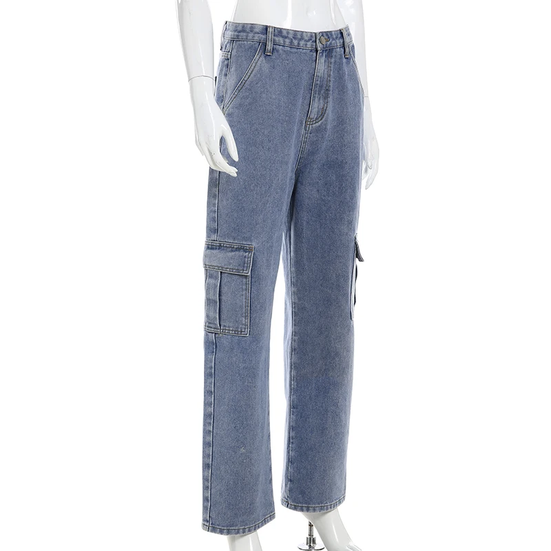 Paaukštintu liemeniu multi-pocket kratinys paaukštintu liemeniu džinsai ponios streetwear tiesūs džinsai Jean Femme mėlyna medvilnės chalatas