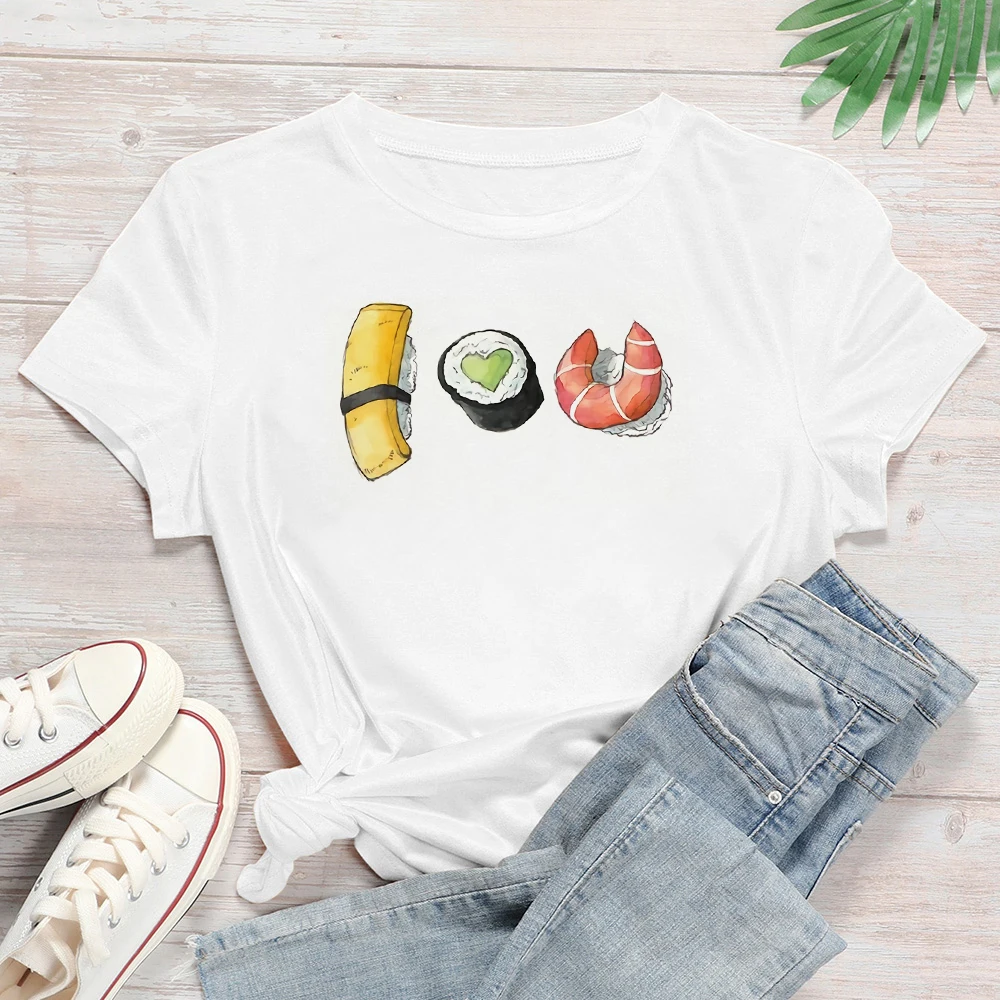 Paprastumas Naujus Marškinėlius Moterims KAWAI SUŠI SURINKIMO Laišką, Print T-shirt Saldus ir Skanus Virtuvė Grafinis Spausdinti Marškinėlius