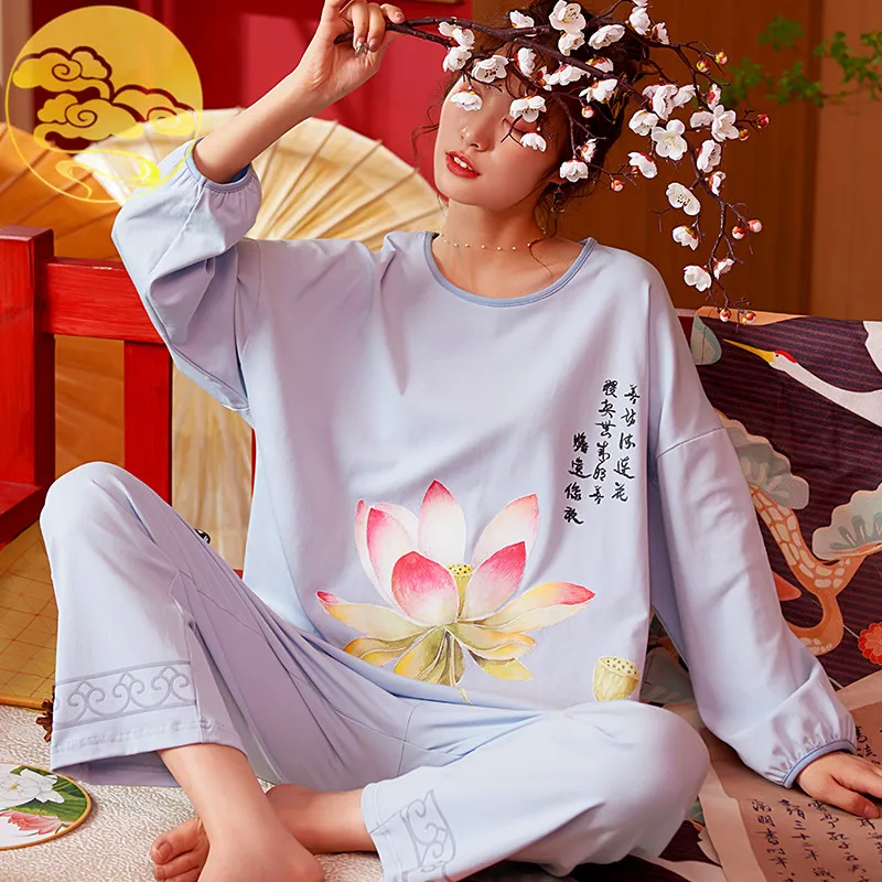 Pavasarį, Rudenį Prekės Jaunas Elegantiškas, Panele, Moteris Pajama Komplektai Gėlių Spausdinti Sleep&Lounge Budistų Lotus Pižama Moterų Mados Rinkinys
