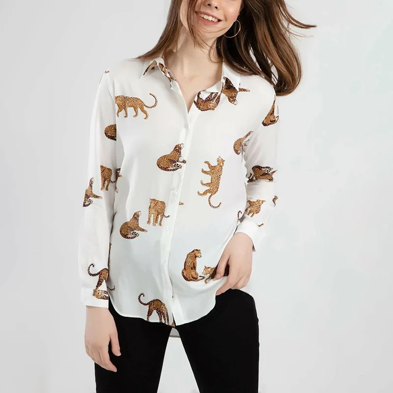 Pavasarį, rudenį Naujų Leopardas Spausdinti ilgomis Rankovėmis Prarasti Šifono za moterų 2020 m. sheining vadiming zafuler moterims, moteriška palaidinė marškinėliai