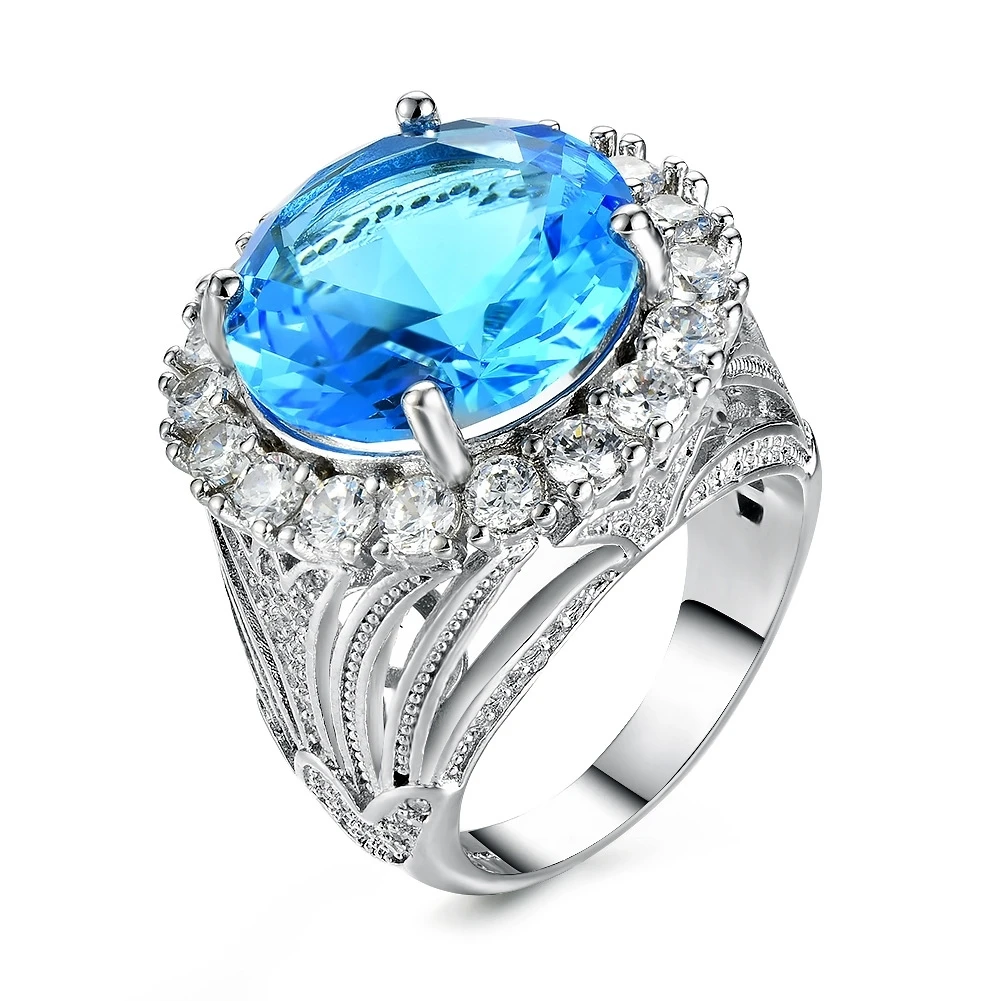 Prabangos Prekės Princesė Iškirpti Big Sky Blue Sužadėtuvių Žiedai Moterų kalnų krištolas Kristalai Mados Romantiška Amžinybę safyro žiedas