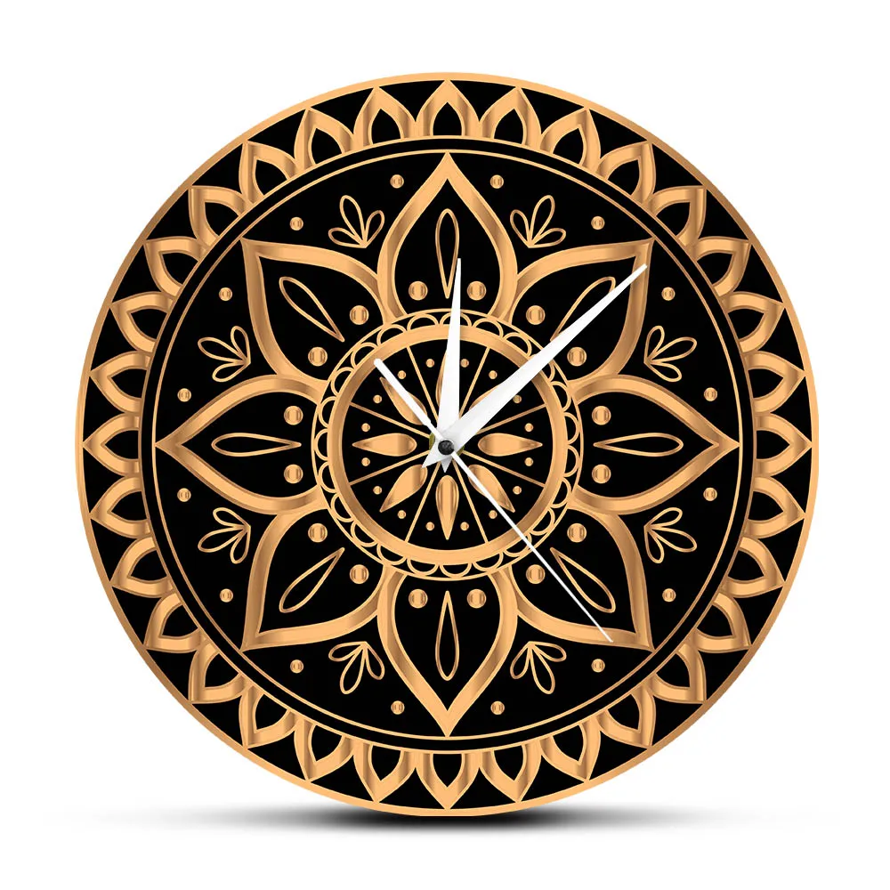 Prabangūs, Aukso, Juoda Mandala Etninės Royal Pattern Derliaus Laikrodis Sieninis Žiūrėti Indijos Saulės Dizainas Jogos Studija Išjungti Ne Pažymint Horologe