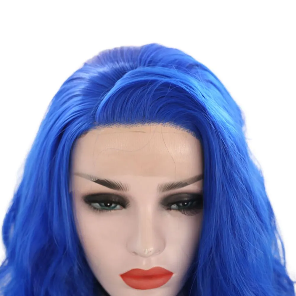 QUINLUX PERUKAI Mėlyna Banguotu Sintetinių Nėriniai Priekiniai Plaukai Moterų Makiažas Menininko Grožio Perukai Glueless Šilumos Pluošto Cosplay Kostiumų Perukas