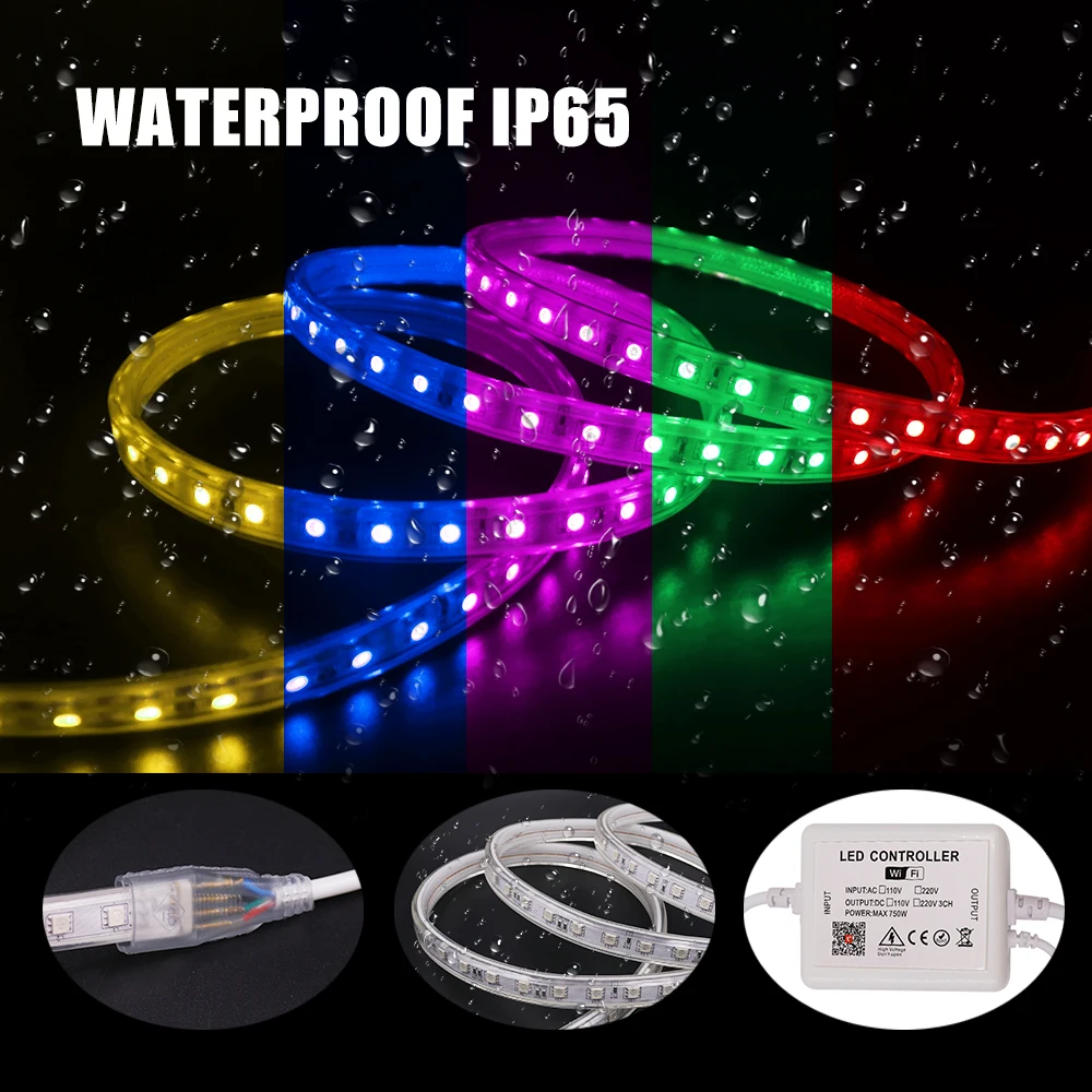 RGB LED Juostelės Šviesos AC220V SMD5050 Lankstus, Vandeniui LED Juostos 60LEDs/m Wi-fi