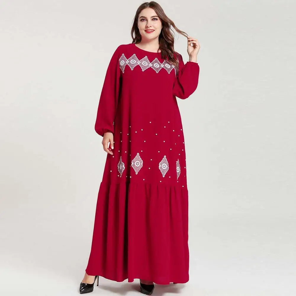 Raudona Derliaus Arabų Suknelė Moterims Appliqued Duobute Prarasti Musulmonų Abaja Plisuotos Hem Didelio Dydžio Drabužius, Longue Femme Musulmane