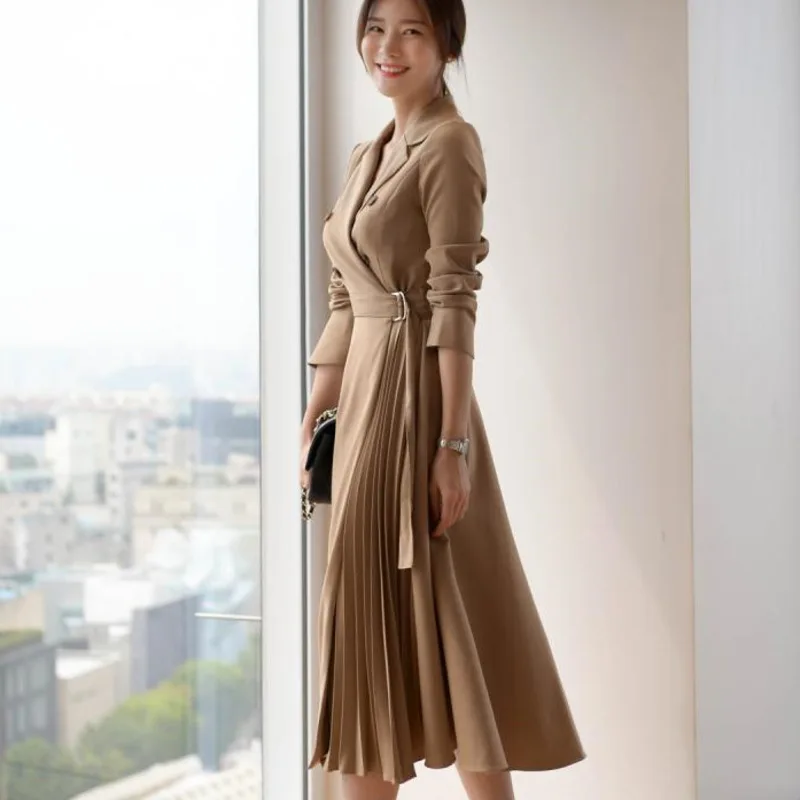 Rudenį Office Lady Plisuotos Ilgas Šalis Suknelė Moterims Korėjos Atsitiktinis Įpjovomis Varčias Skraiste Femme Naujas Elegantiškas Dėvėti Į Darbą Suknelė Vestido