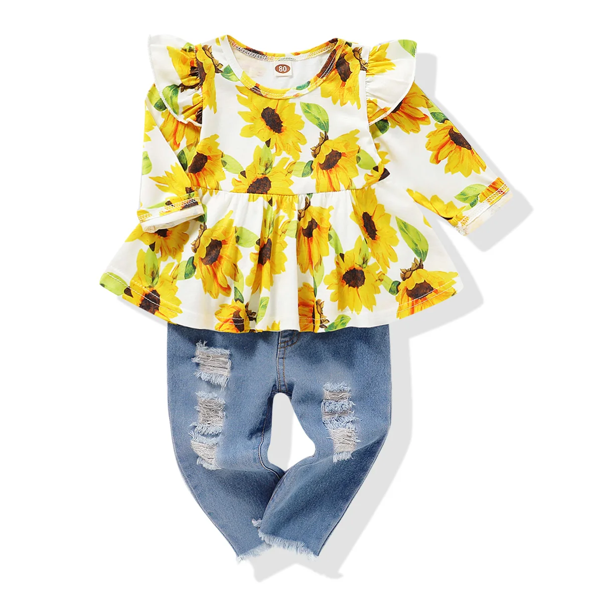 Rudenį Vaikai Mergina Drabužius Baby Girl Komplektus 2T Gėlių Rose Saulėgrąžų Leopard Print Long Sleeve Top ir Retro Ripped Jeans 2VNT Komplektas