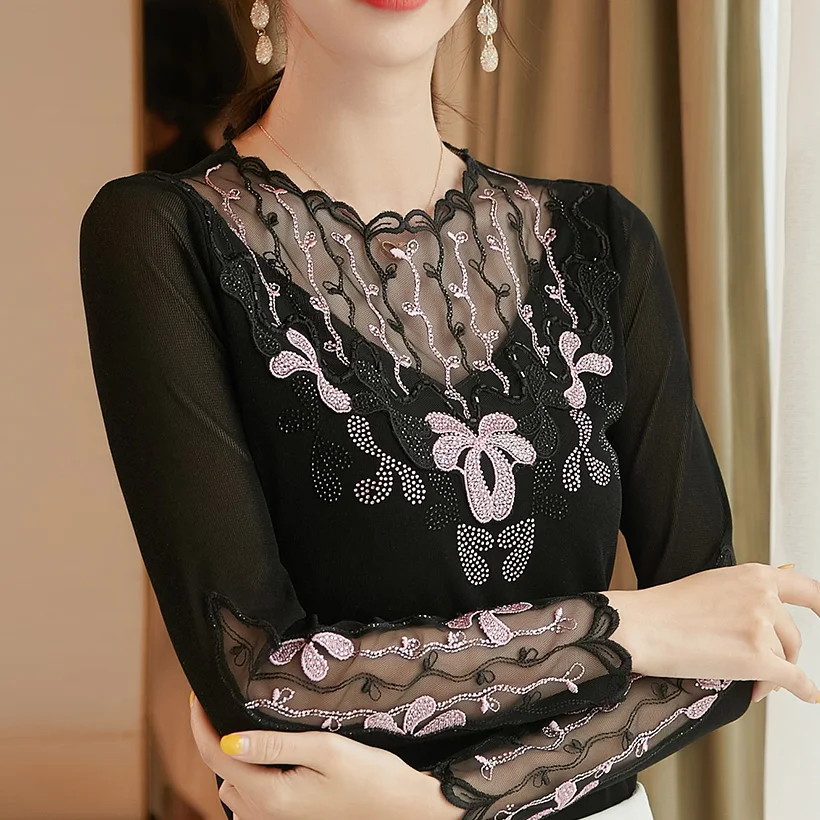 Rudenį blusas mujer de moda 2019 Mados atsitiktinis moterų palaidinė marškiniai, Elegantiškas Išsiuvinėti Akių marškinėliai plius dydis juoda moterims topai