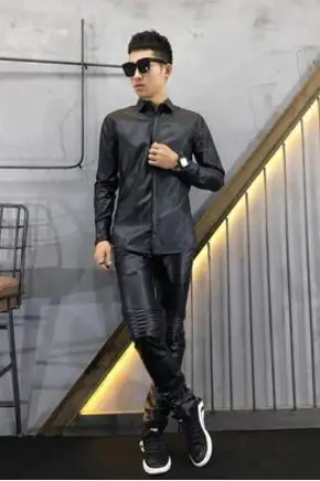 S-5XL 2019 m. Pavasarį Vyrų naujas imitacija, avikailio ilgomis rankovėmis marškinėliai slim mados vandeniu nuplautos odos marškinėliai kirpėjas kostiumai