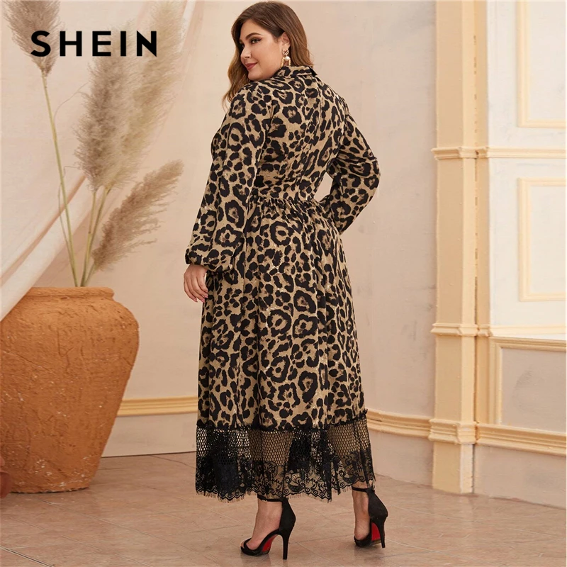 SHEIN Plius Dydis Užtrauktukas Atgal Žibintų Rankovės Nėriniai Hem Leopard Print Suknelė Moterims Aukšto Juosmens Tinka ir Blyksnius Spalvingi Maxi Suknelės