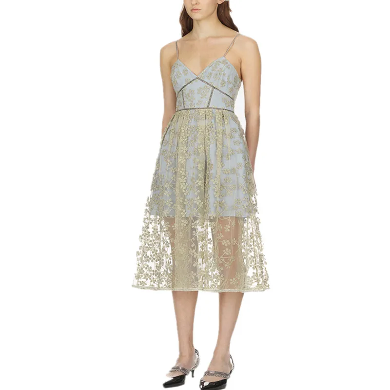 SMTHMA 2020 Naujas atvyksta Moteris, Vasaros Suknelė Save portait Suknelė Aukso siūlų tinklelio, siuvinėjimo dirželis suknelė