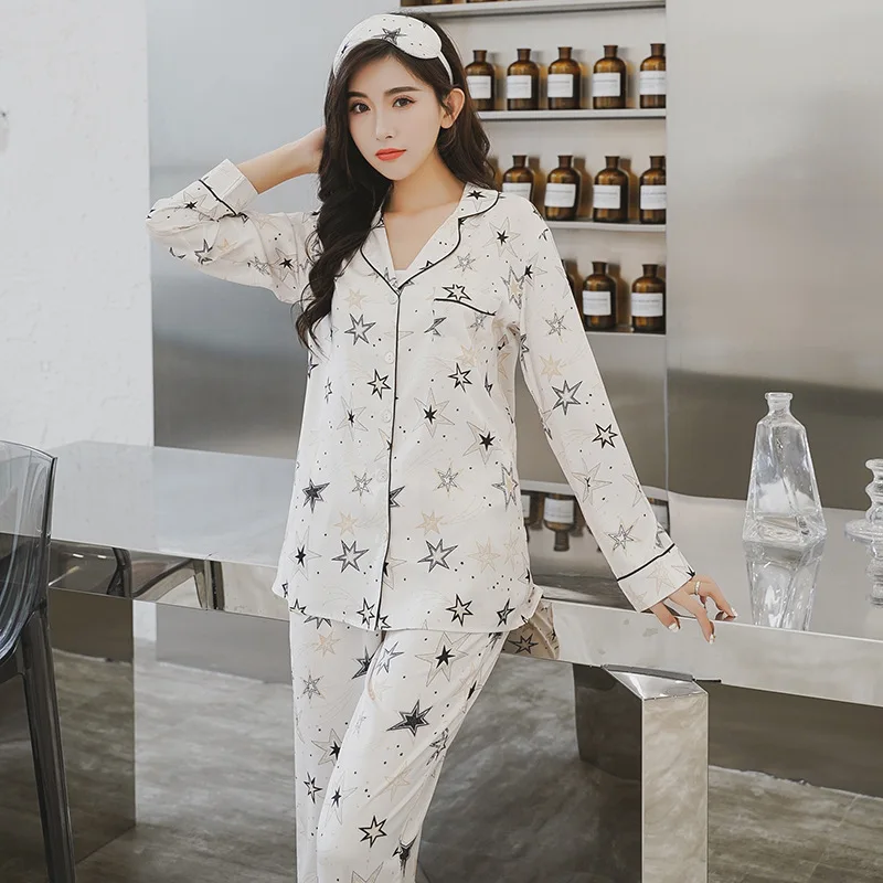 Saldus žvaigždžių satins šilko kilnus moterų pižama rinkiniai Korėja elegancija ilgomis rankovėmis kelnės moterims sleepwear pijamas 3pcs pižamos