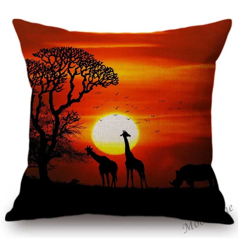 Saulėlydžio Afrikos Kraštovaizdžio Laukinių Gyvūnų Dramblys Ir Žirafa Vaizdingas Namų Meno Dekoratyvinis Mesti Pagalvės Užvalkalą Medvilnės Skalbiniai Pagalvėlių Apvalkalus