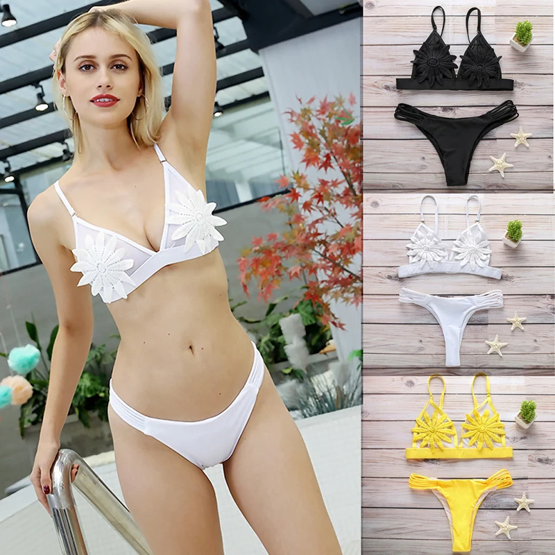 Seksualus Bikini Nustatyti maudymosi Kostiumėliai Moterims, Baltos spalvos Tinkleliu Siuvinėta Gėlių skaidrus Micro Maudymosi Kostiumas Swimsuit Thong Brazilija Biquini 2020 m.