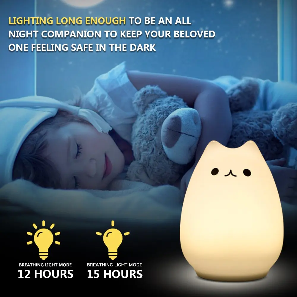 Silikoninis Kačių LED Nakties Šviesos Nuotolinio Valdymo Palieskite Jutiklio Bakstelėkite Spalvinga USB Įkrovimo Miegamojo, Naktiniai staleliai, Lempa Vaikams Baby