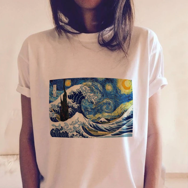 T-marškinėliai Ukiyo-e Vincent Van Gogh Juokinga Balta Tshirts Harajuku 2018 Moterų trumpomis Rankovėmis Grafinis Tees Viršūnes Derliaus Japonų