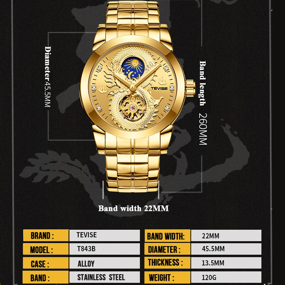 TEVISE vyriški Laikrodžiai Dragon Skeletas Automatinis laikrodis Vyrams, Mechaniniai Laikrodžiai Vyrų Prabangos Prekės Sporto Laikrodis Relogio Masculino