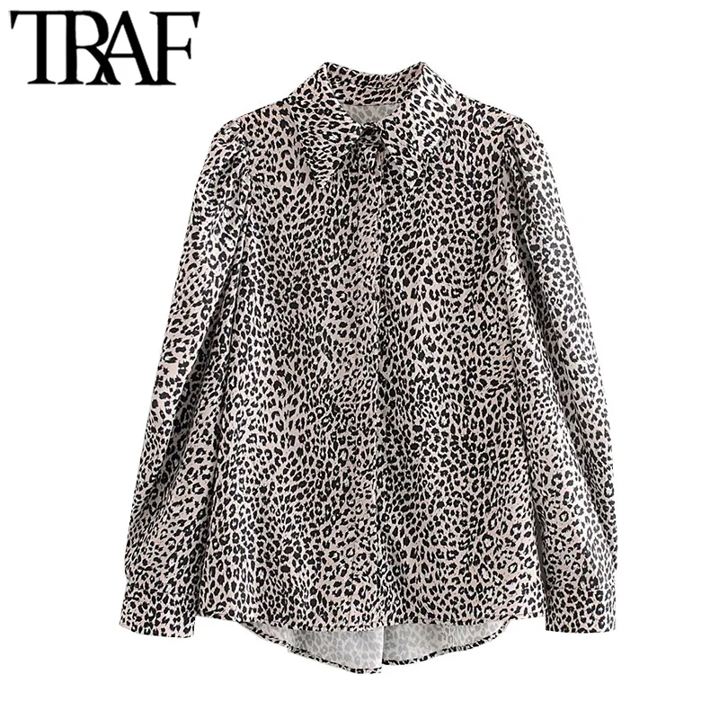 TRAF Moterų Mados Leopardas Spausdinti Nereguliarus Palaidinės Derliaus ilgomis Rankovėmis Gyvūnų Modelio Moterų Marškiniai Blusas Prašmatnus Viršūnės