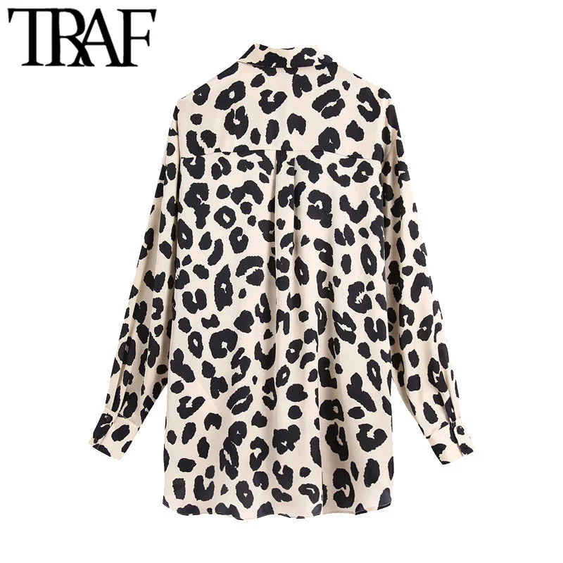 TRAF Moterų Mados Leopardas Spausdinti Prarasti Palaidinės Derliaus ilgomis Rankovėmis Mygtuką-up Gyvūnų Modelio Moterų Marškiniai, Elegantiškos Viršūnės