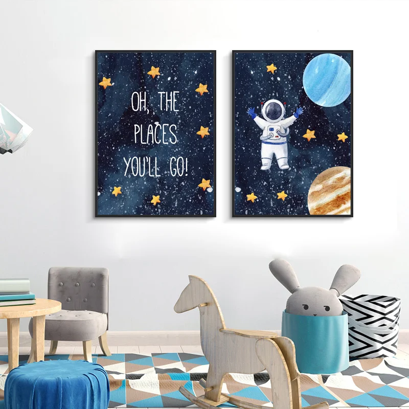Vaikų Kambario Dekoracija Animacinių Filmų Astronautas Plakatas Kosmoso Raketų Baby Vaikų Darželio Sienos Menas Drobė Plakatas Skandinavijos Spausdinti Tapyba