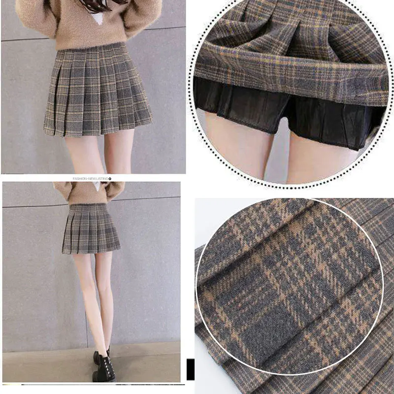 Vilnos sijonas mini šiltos žiemos klostuotas sijonas mini sijonas kawaii sijonai pledas sijonas plius dydis korėjos, japonijos trumpas sijonas XL xs sijonas