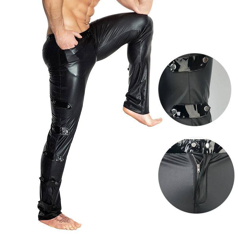 Vyrai Sexy Juoda wetlook PVC, latekso, apatinis trikotažas vyrams, odinės kelnės su užtrauktukais Pieštuku Kelnės Skinny latekso antblauzdžiai Erotika Gėjų Klubo Dėvėti