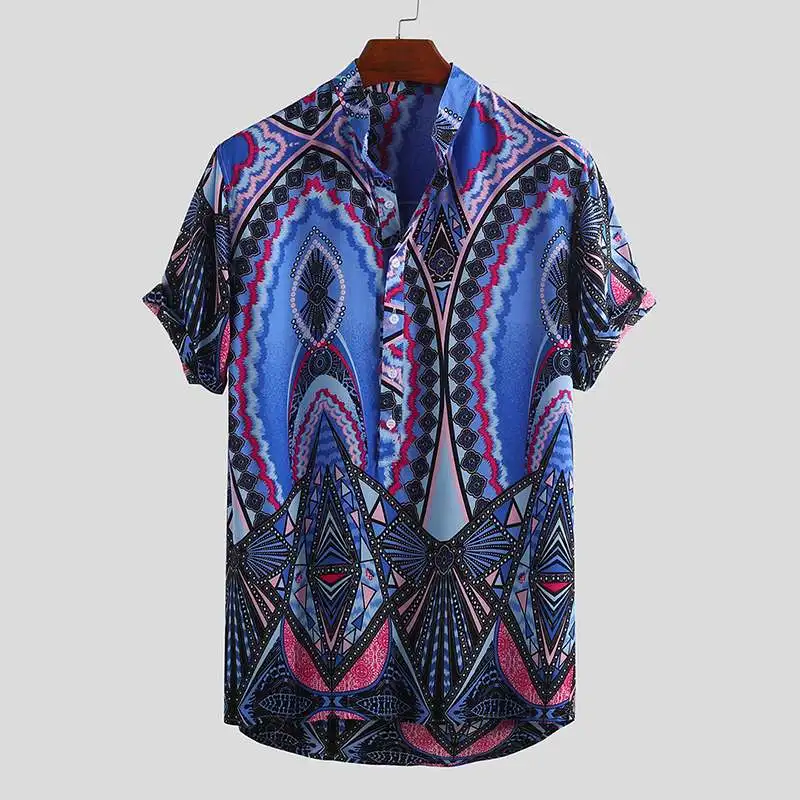 Vyrų Marškinėliai Etninis Stilius, Spausdinta Kvėpuojantis Mygtuką Stovėti Apykaklės 2021 Trumpas Rankovės Camisa Masculina Retro Havajų Paplūdimys Marškinėliai Vyrams