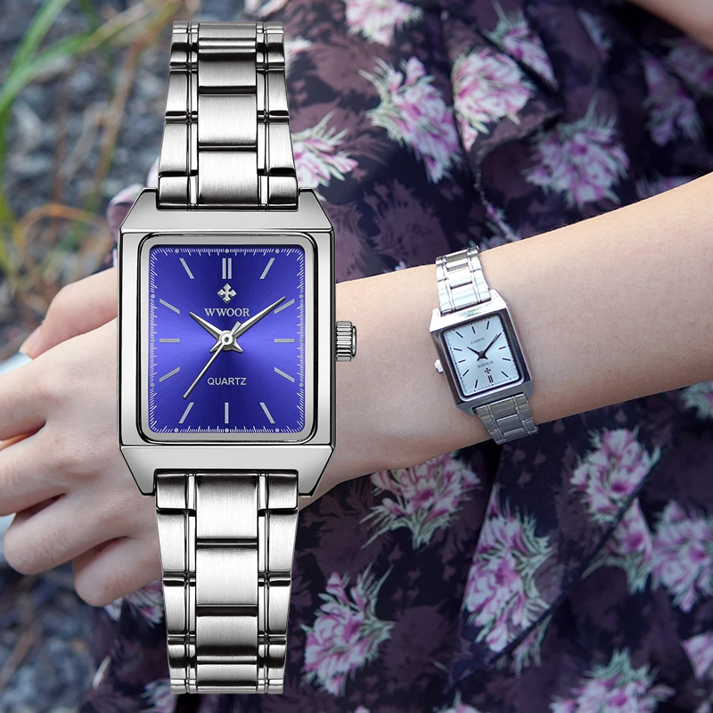 WWOOR Ponios apyrankės, Laikrodžiai 2020 Blue Square Žiūrėti Moterų Nerūdijančio Plieno, atsparus Vandeniui Elegantiškas Kvarciniai Laikrodžiai Relojes Mujer