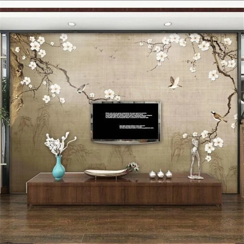 Wellyu Užsakymą tapetai 3D freskomis ranka-dažytos naujas Kinijos slyvų žiedų smūgių, gėlių ir paukščių, gervių foną