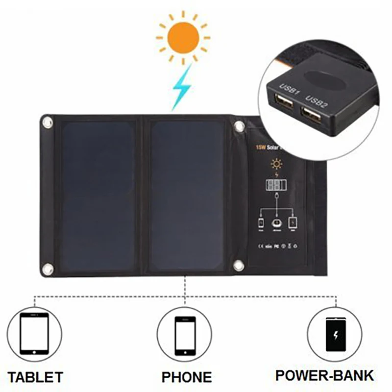 Xionel Nešiojamų Foldable15W Dual USB Saulės Įkroviklis su Labai Efektyvus Sunpower Saulės Skydelis