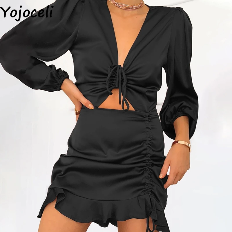 Yojoceli Seksualus pynimas satin black plisuotos suknelė Rudenį tuščiaviduriai iš elegantiška moteris suknelė Šalies klubas atsitiktinis trumpą suknelę vestidos